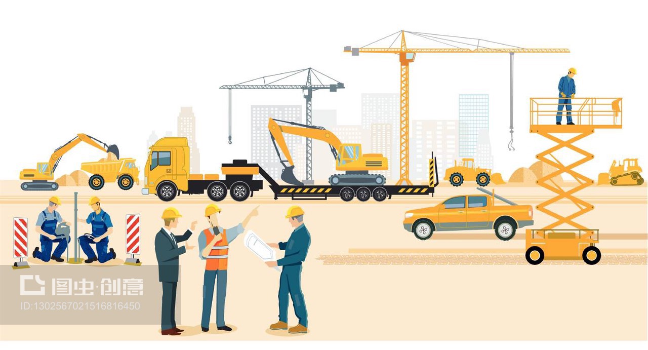 建筑工地与挖掘机,建筑师和重型卡车