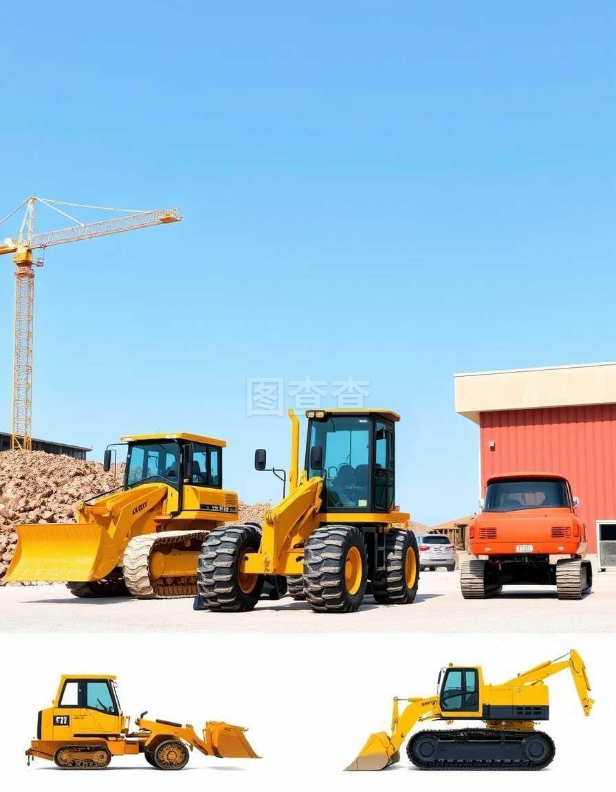 建筑设备矢量、施工工具和机械.一套独立的运输设备、推土机、装载机和挖土机平板式机械.建筑工程专用机械.建筑设备、建筑机械